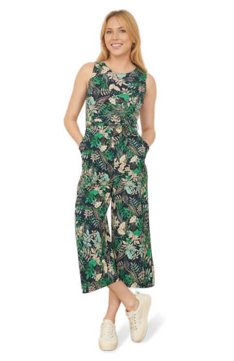 Женский комбинезон Yumi Sleeveless Leaf Print Culotte Jumpsuit, цвет: Тёмно-синий
