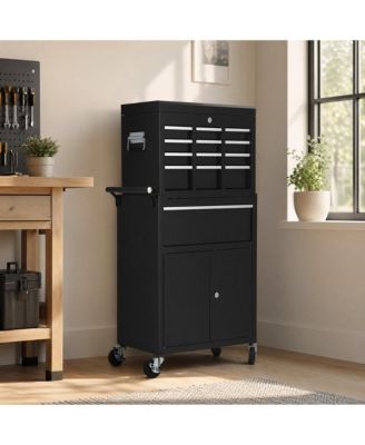 rolling steel tool chest with detachable top box, lockable drawers and cabinet, swivel casters, side handles, and rust-resistant finish