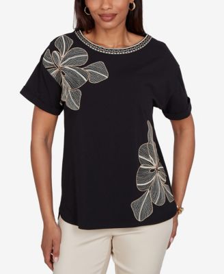 Petite Floral Noir Embroidered Knit Top