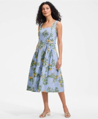 Women's Poplin Square Neck Midi Tie Waist Dress
