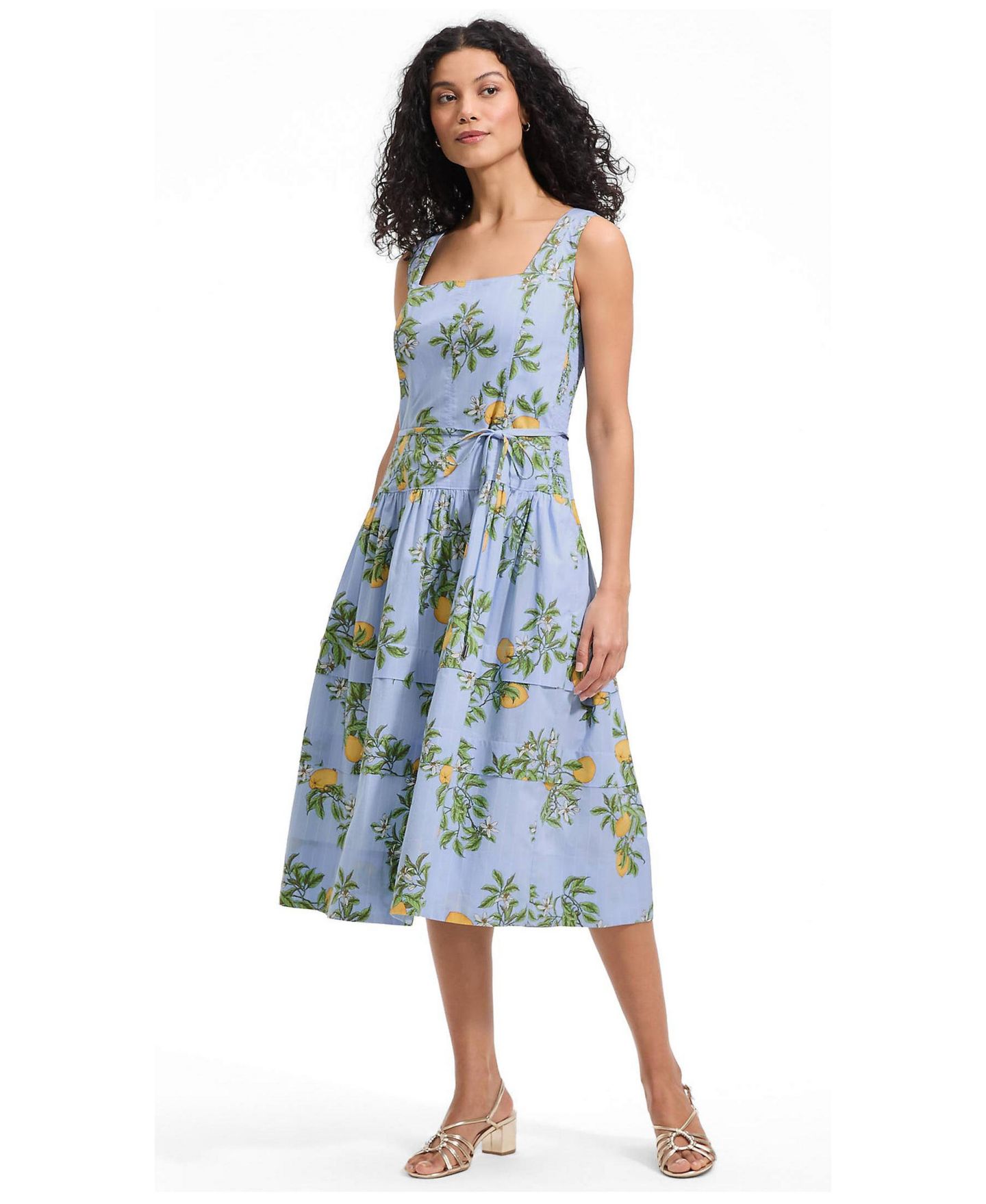 Женское платье Lands' End Poplin Square Neck Midi Tie Waist, цвет: Морской синий полосатый — фото 1