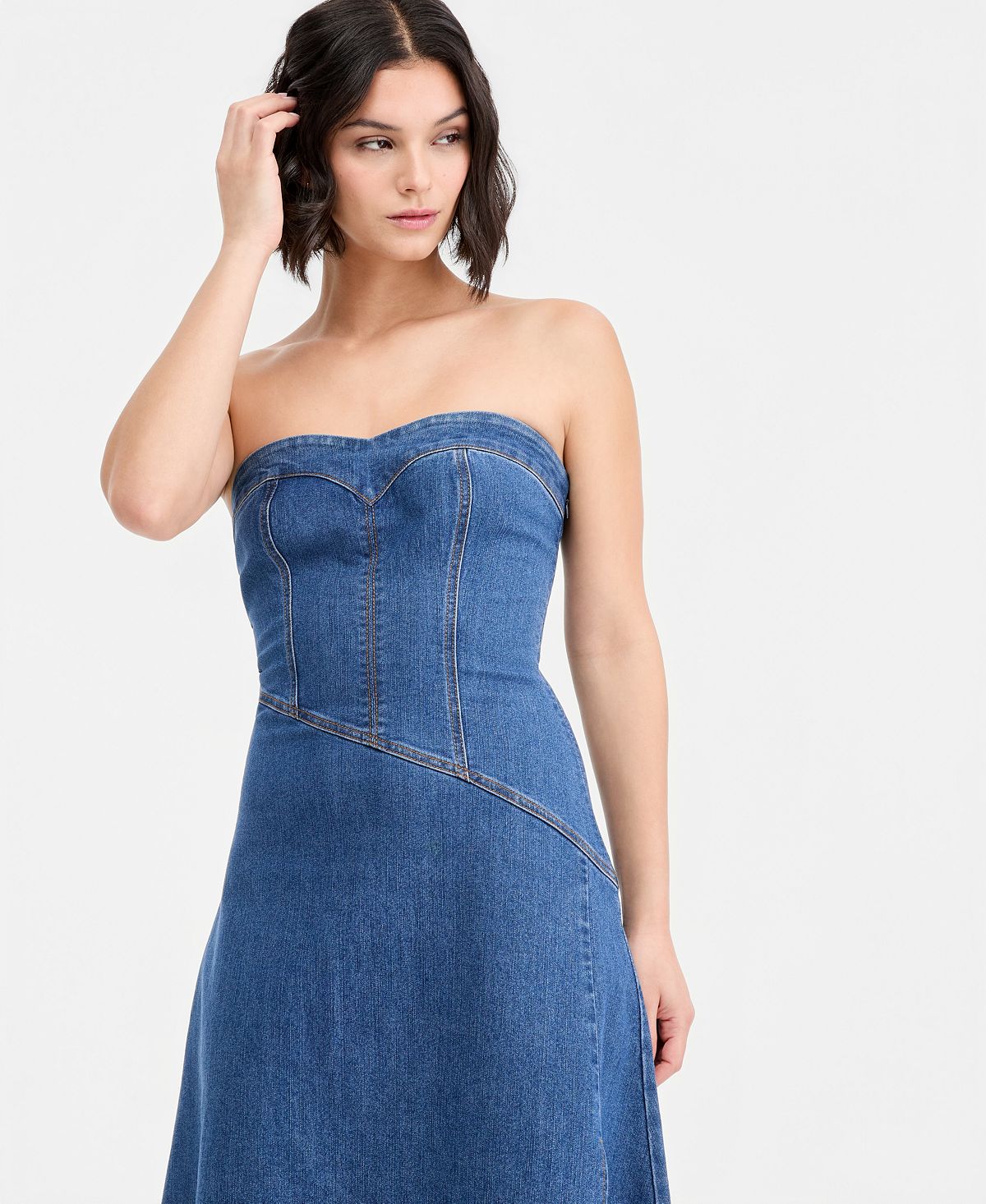 14th Place Juniors' Strapless Asymmetric Denim A-Line Dress view 3 — MAYCSS fashion products