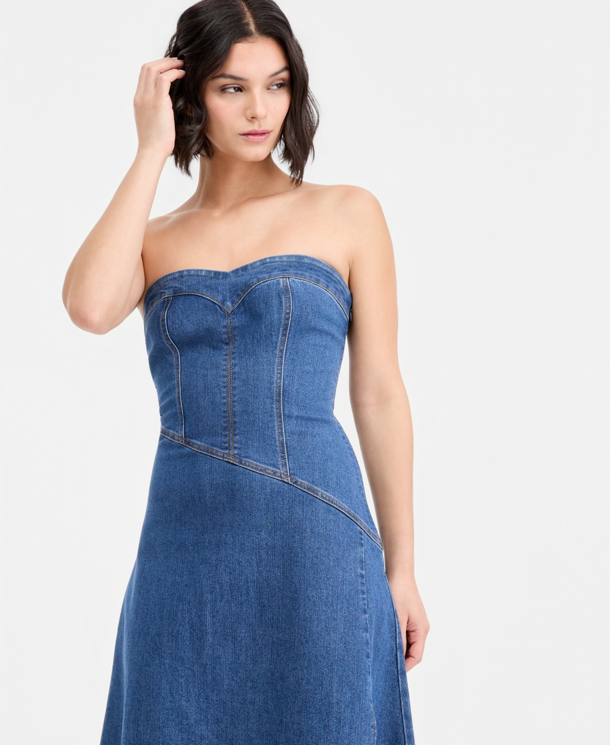 14th Place Juniors' Strapless Asymmetric Denim A-Line Dress