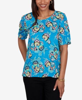 Petite Etched Floral Puff Print Blouse