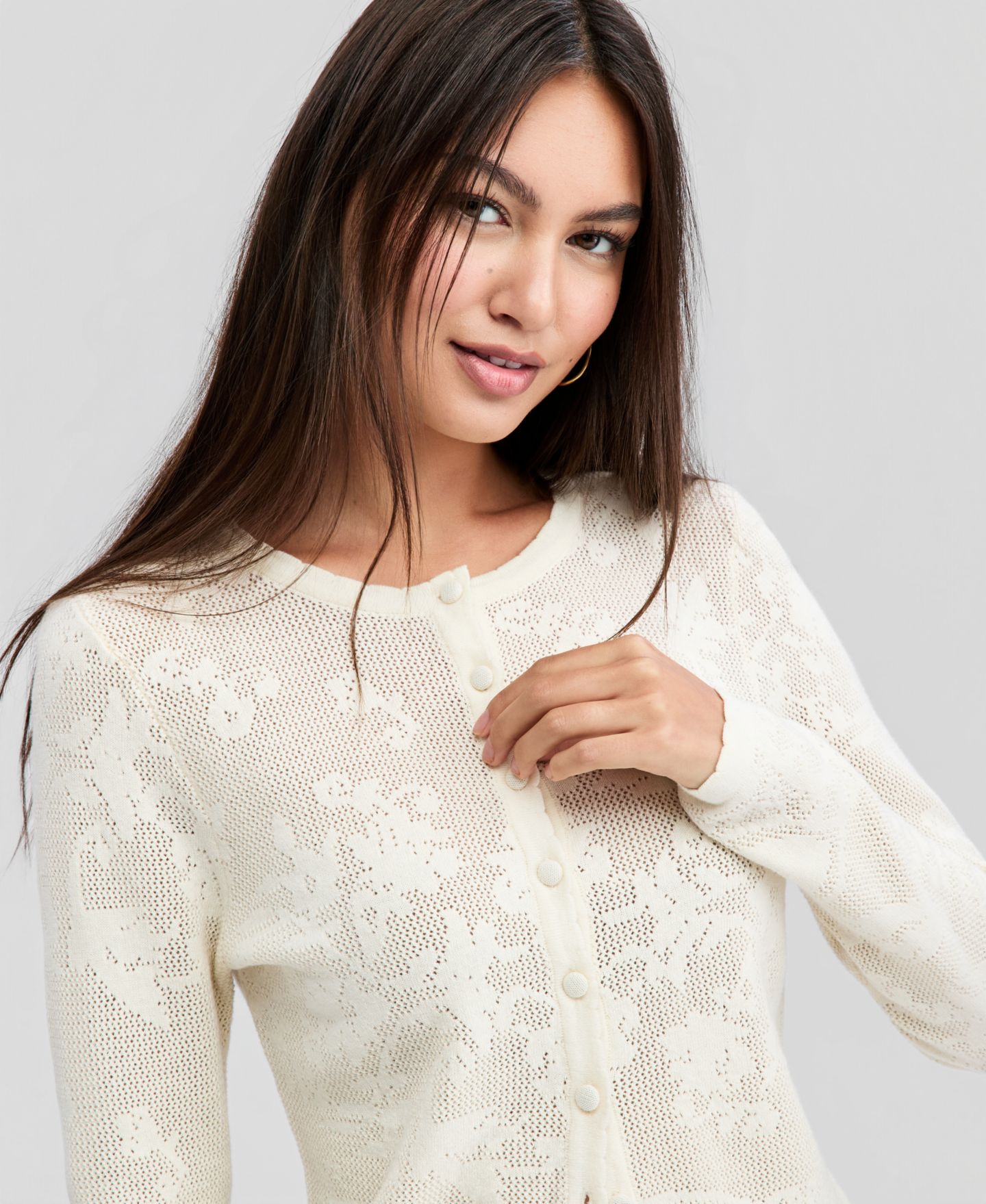 Женский кардиган And Now This Petite Lace Knit Cardigan, цвет: Кремовый — фото 2
