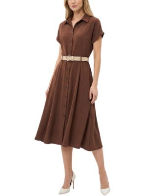 Women's Short-Sleeve Button Front Belted A-Line Dress