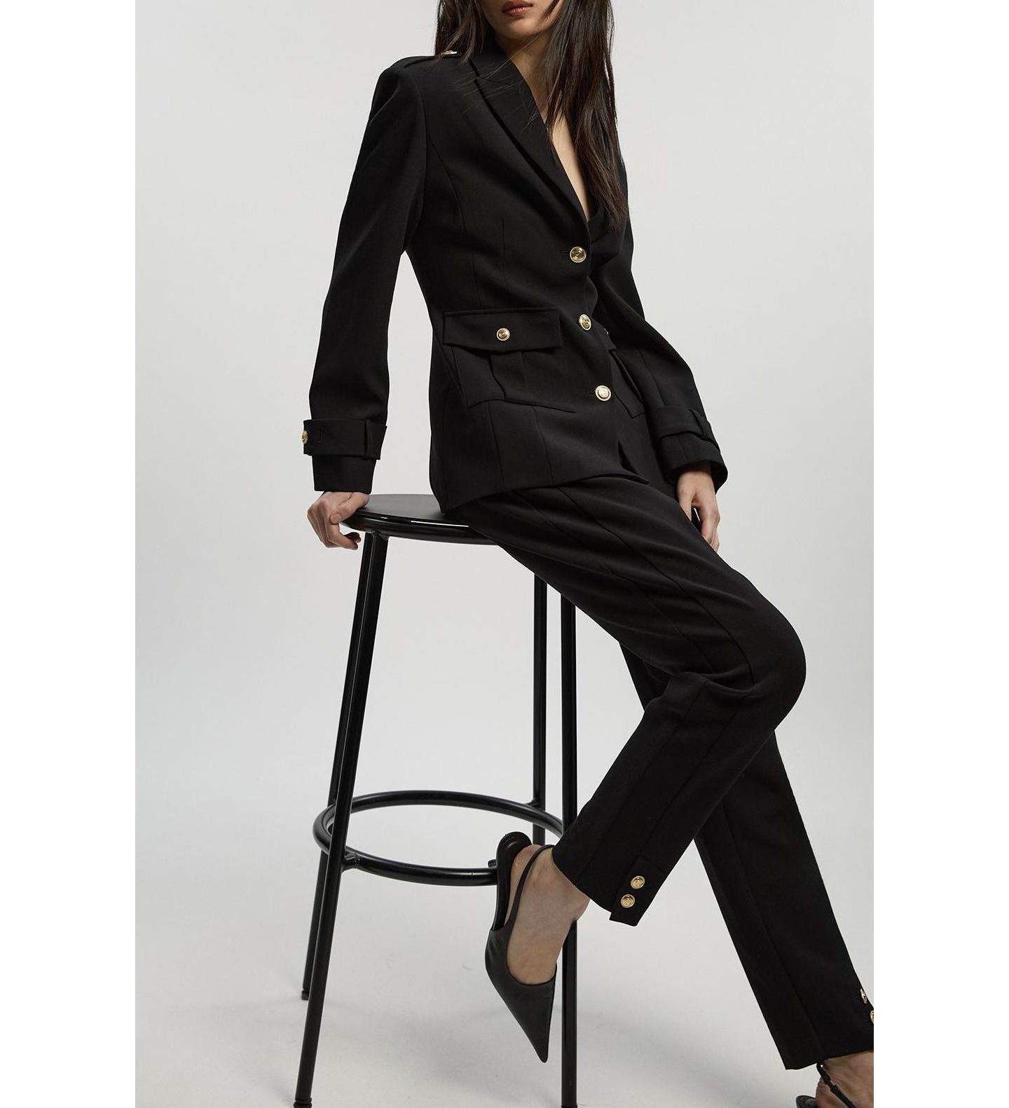 Женские брюки Karen Millen Petite Military Straight Leg Trousers, цвет: Чёрный — фото 8