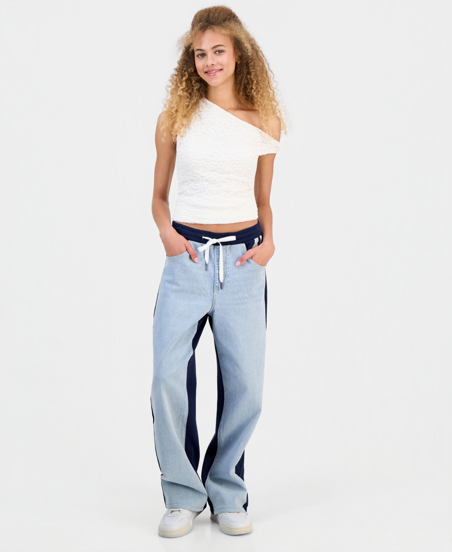 Женские джинсы FVR DRM Juniors' Hybrid Denim Wide Leg Sweatpants, цвет: Варёный / Пыльный синий — фото 1