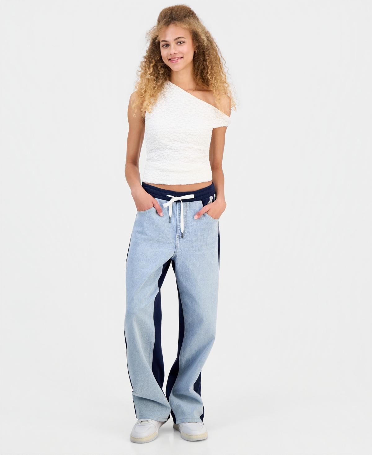 Fvr Drm Juniors' Hybrid Denim Wide Leg Sweatpants In White