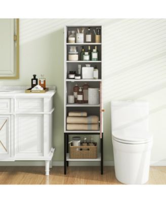 57 Inch Tall Narrow Bathroom Storage Cabinet with Single Door and Shelves