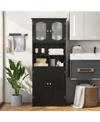 58.5 Inch Freestanding Linen Bathroom Storage Cabinet with Frosted Glass Doors