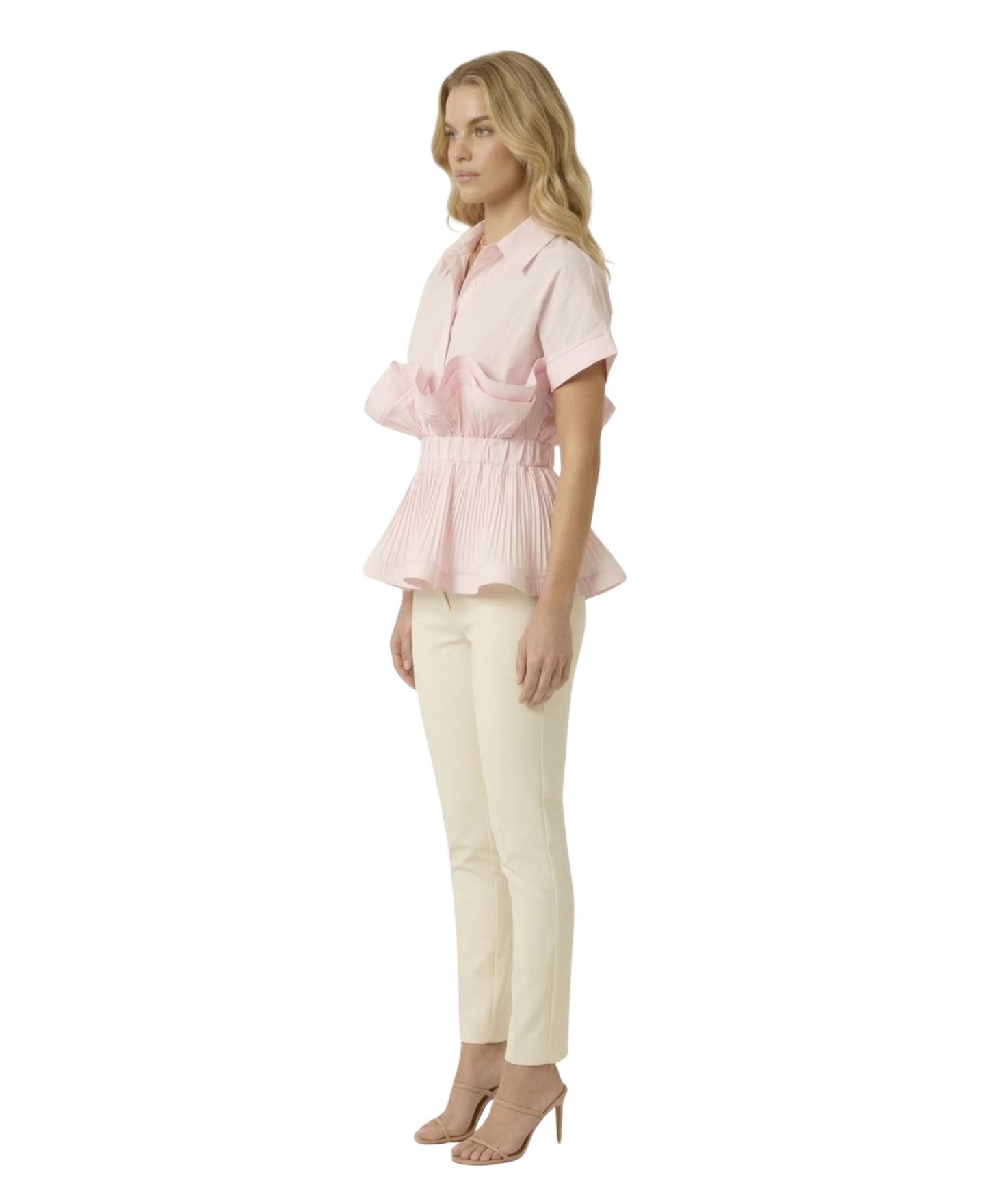 Женская блузка Modenaire Ruffle Collared-Neck Peplum, цвет: Светлый розовый — фото 3
