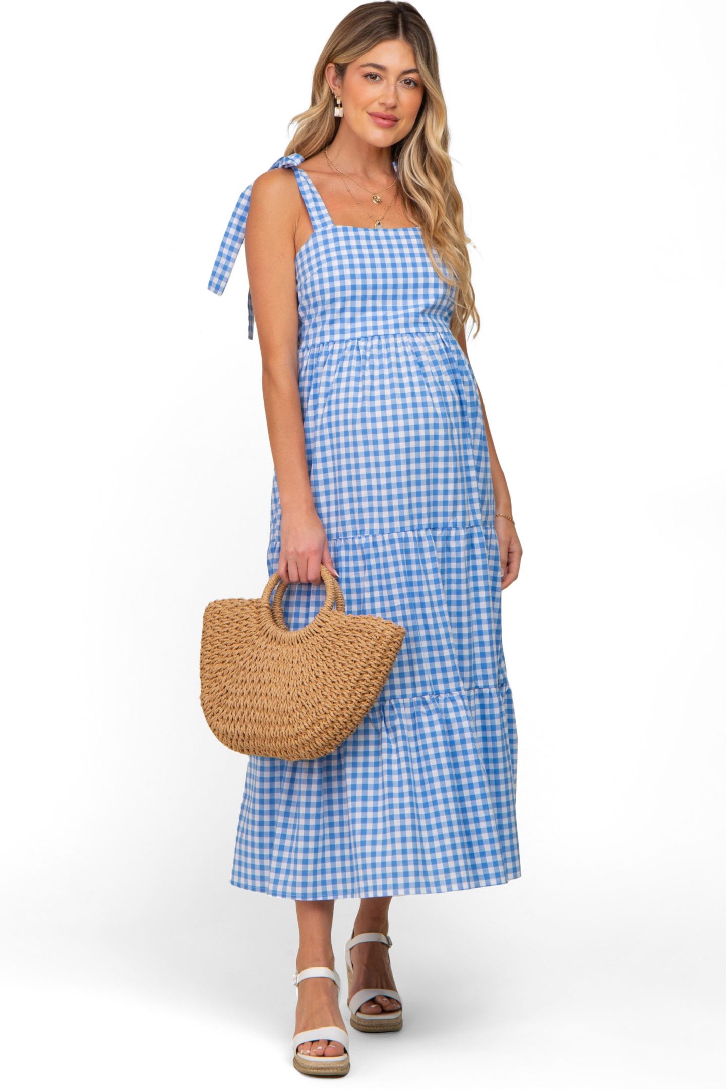 Женское платье Pinkblush Blue Checkered Sleeveless Tiered Maxi, цвет: Синий — фото 3