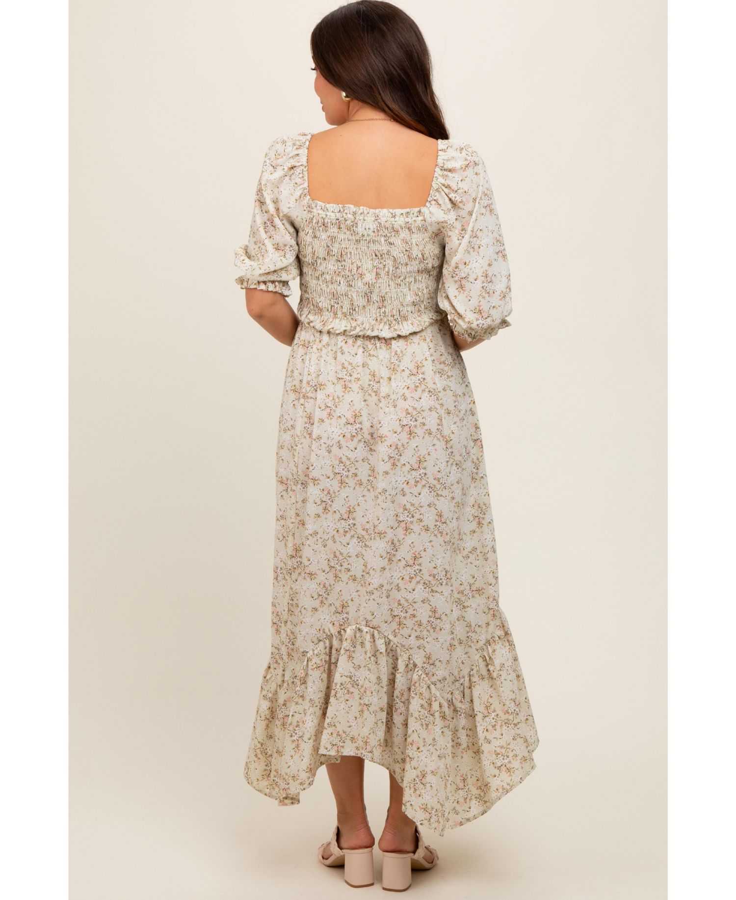 Women's Light Olive Smocked Handkerchief Hem Dress