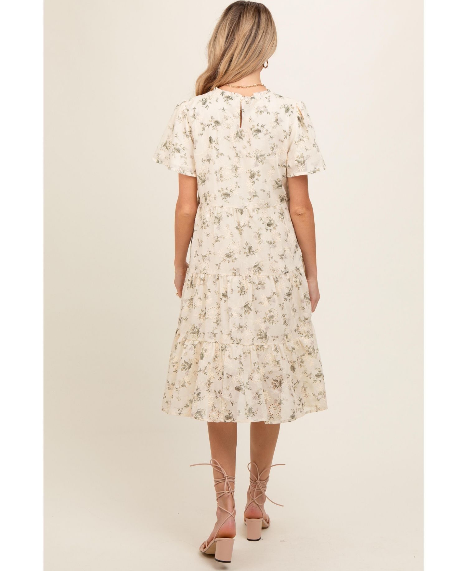 Women's Cream Floral Print Eyelet Lace Dress