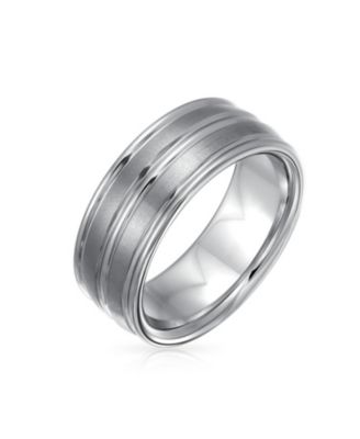 Wide Silver Tone Double Grooved Brushed Matte Titanium Band Ring Comfort Fit
