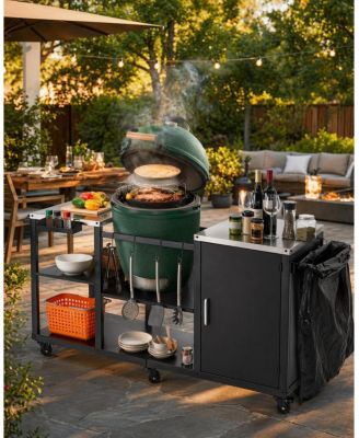 Outdoor Grill Cart for Big Green Egg, Metal BBQ Prep Cart, Cabinet, Stainless Steel Top