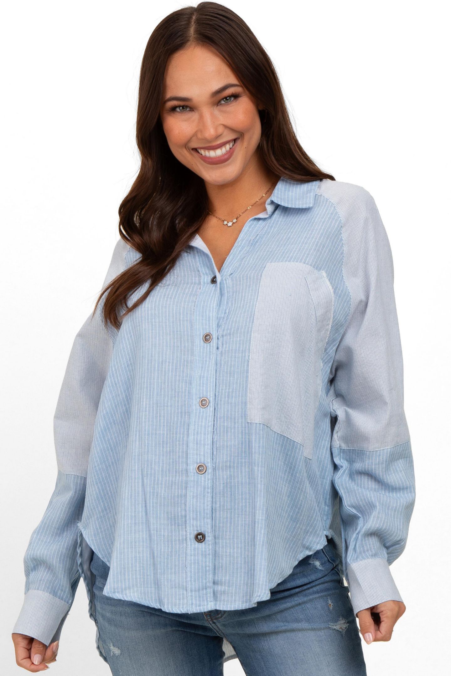 Женский топ Pinkblush Light Blue Striped Colorblock Button Up, цвет: Светлый синий — фото 2