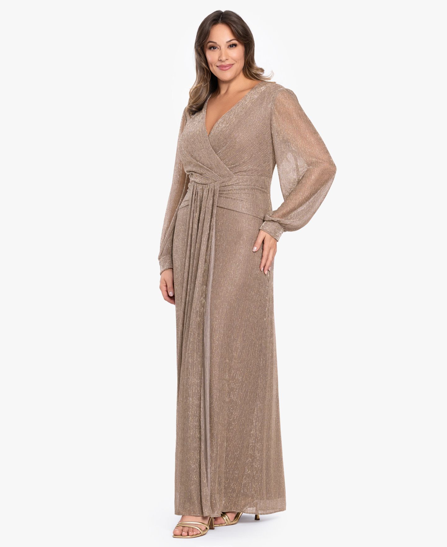 Женское платье Betsy & Adam Plus Size V-Neck Lurex Knit Ball Gown, цвет: Серо-коричневый золотой — фото 2