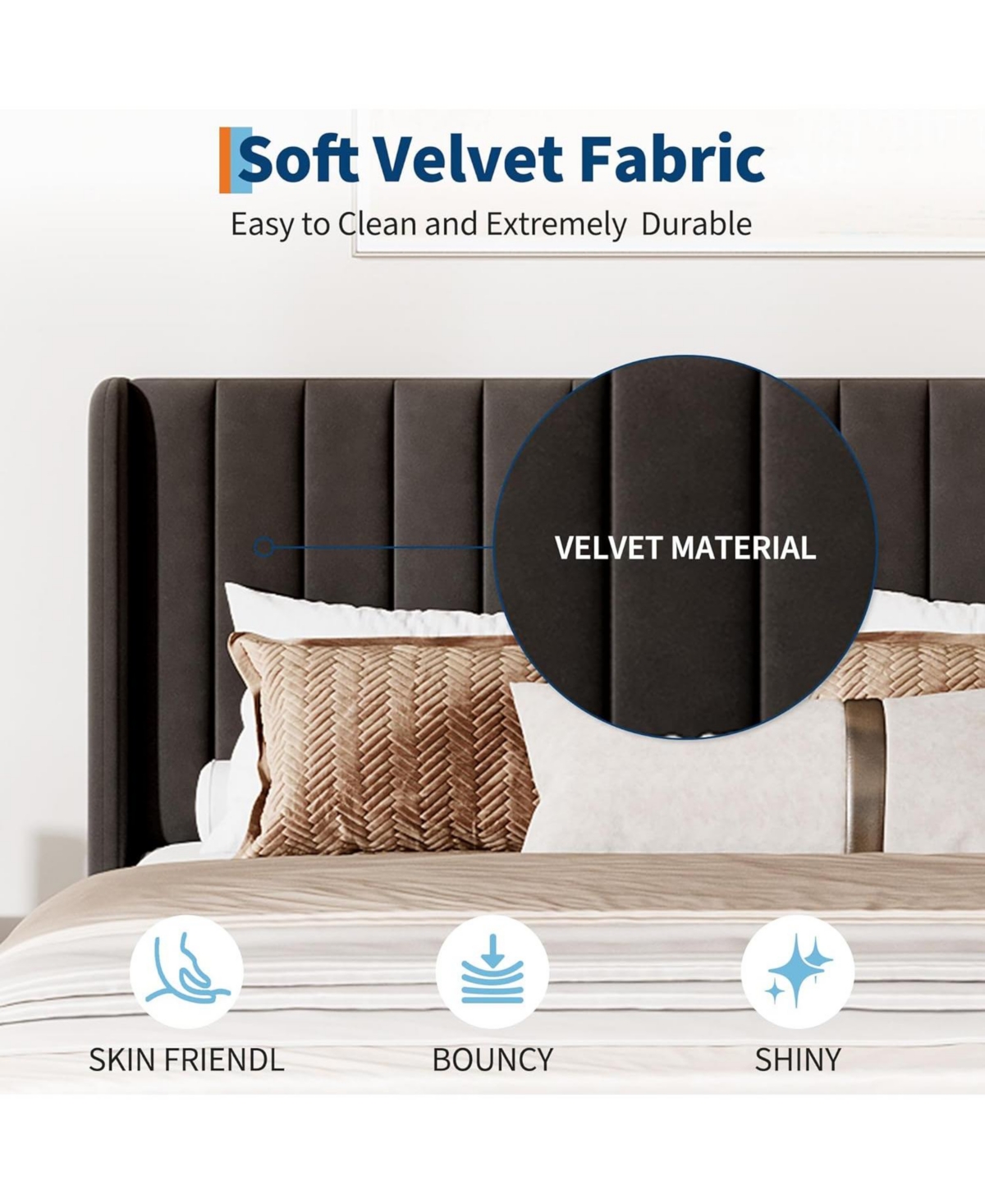 gaomon Size Upholstered Platform Bed Frame with Vertical Channel Tufted Wingback Headboard, Strong Wooden Slats Support