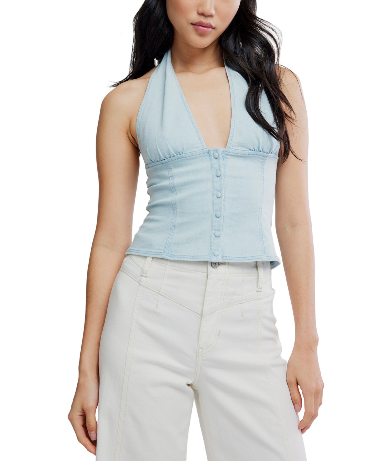Женский топ Free People Cotton-Blend Ramona Denim Halter, цвет: Светлый небесно-голубой — фото 1