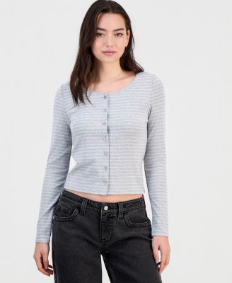 Juniors' Button-Front Long-Sleeve Top