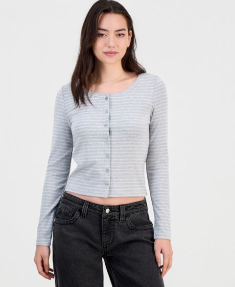 Топ Hippie Rose Juniors' Button-Front Long-Sleeve Top, цвет: Серый