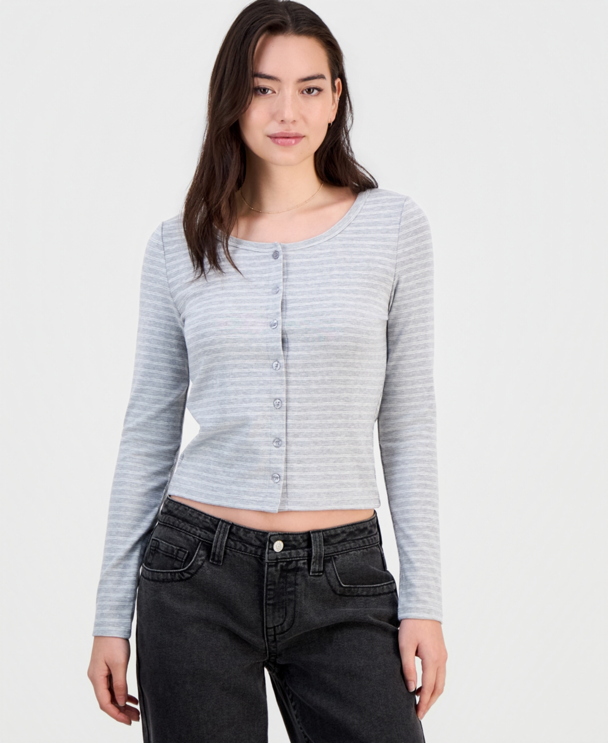 Hippie Rose Juniors' Button-Front Long-Sleeve Top