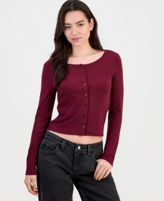 Juniors' Button-Front Long-Sleeve Top
