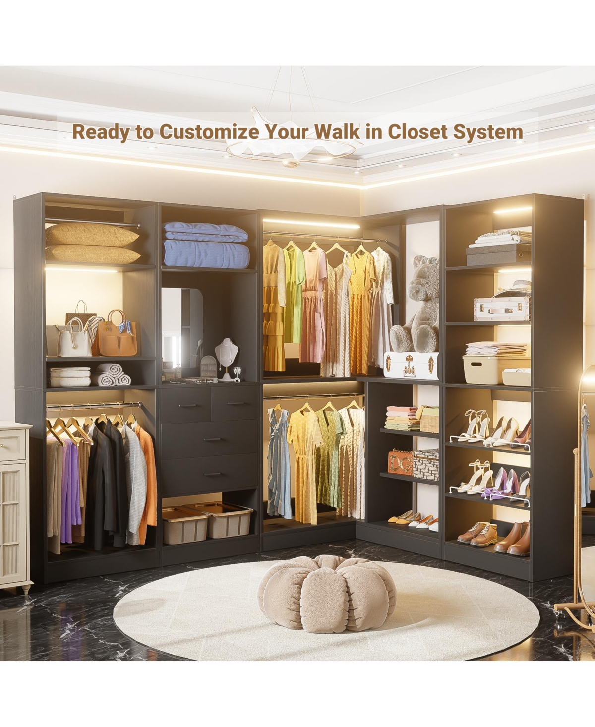Aheaplus Corner Closet Organizer System, 36'' Wide Freestanding Storage Unit with 2 Hanging Rods and 8 Shelves