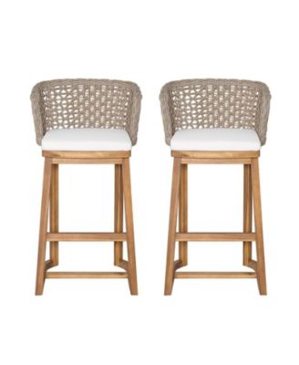 Outdoor Acacia Wood Bar Stools Set of 2 with Cushion and Wicker Back for Patio or Kitchen Island