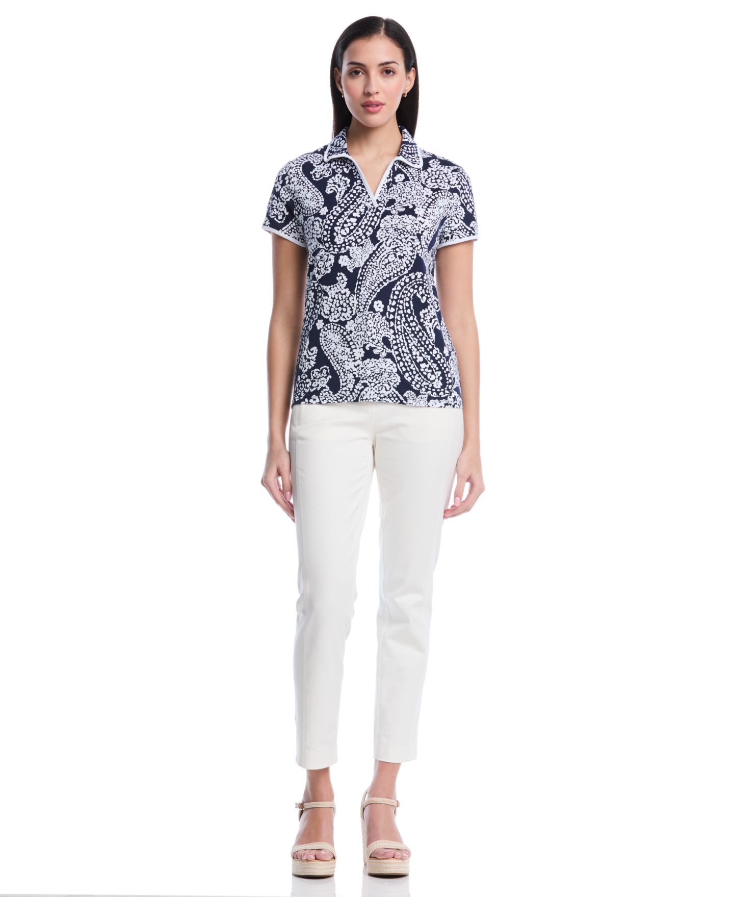 Женское поло Rafaella Petite Paisley Print Contrast Trim Johnny Collar Short-Sleeve Polo, цвет: Peacoat — фото 2