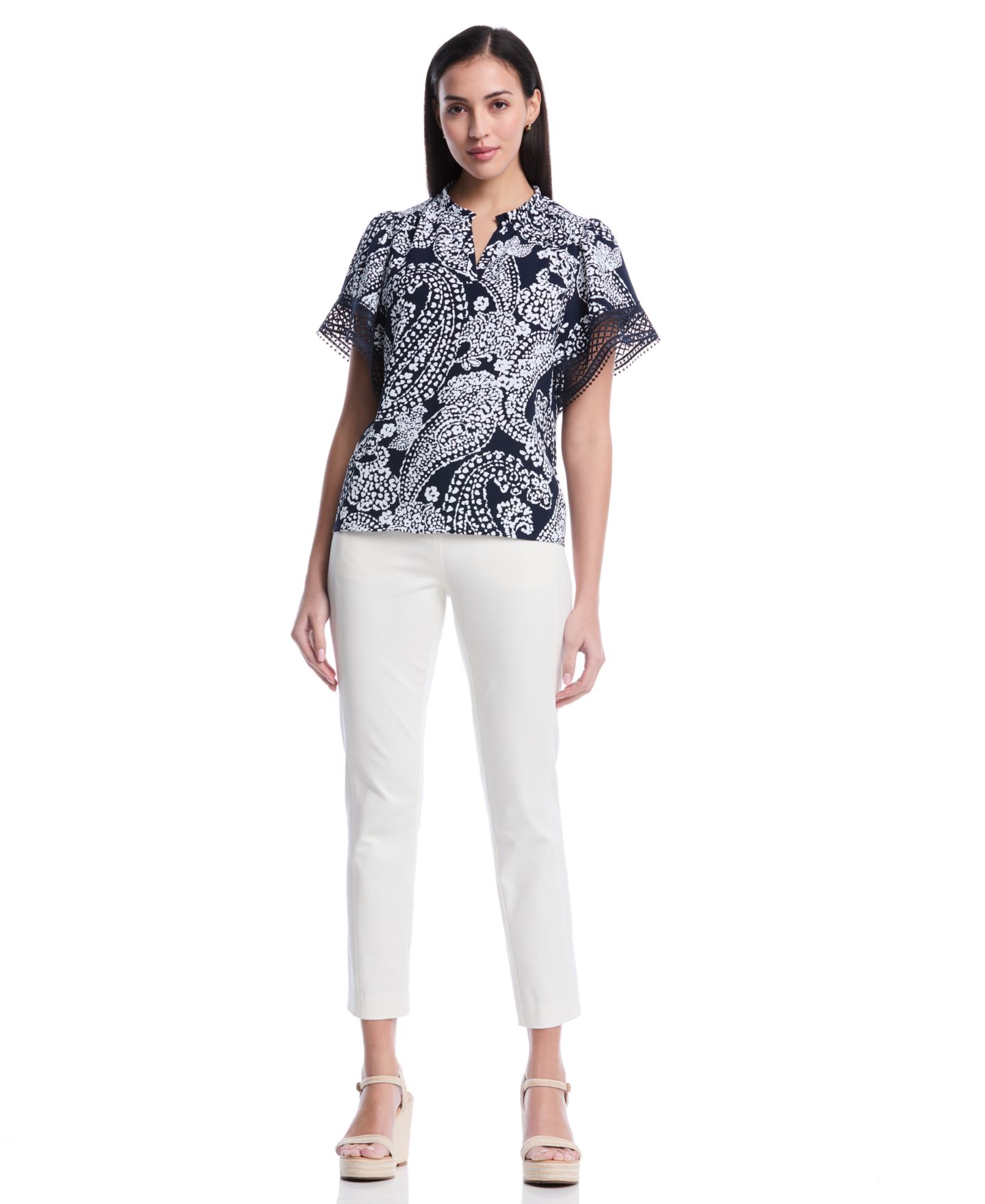 Женская блузка Rafaella Petite Paisley Print Flutter Lace Short-Sleeve, цвет: Peacoat — фото 2
