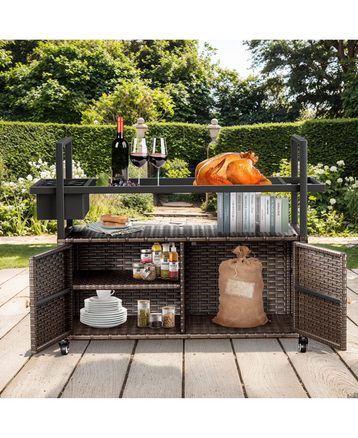 Pocassy Patio Bar Table,Outdoor Kitchen Island with Glass Top,Rattan Storage Cabinet Wheels,Bar Cart for Poolside and Backyard