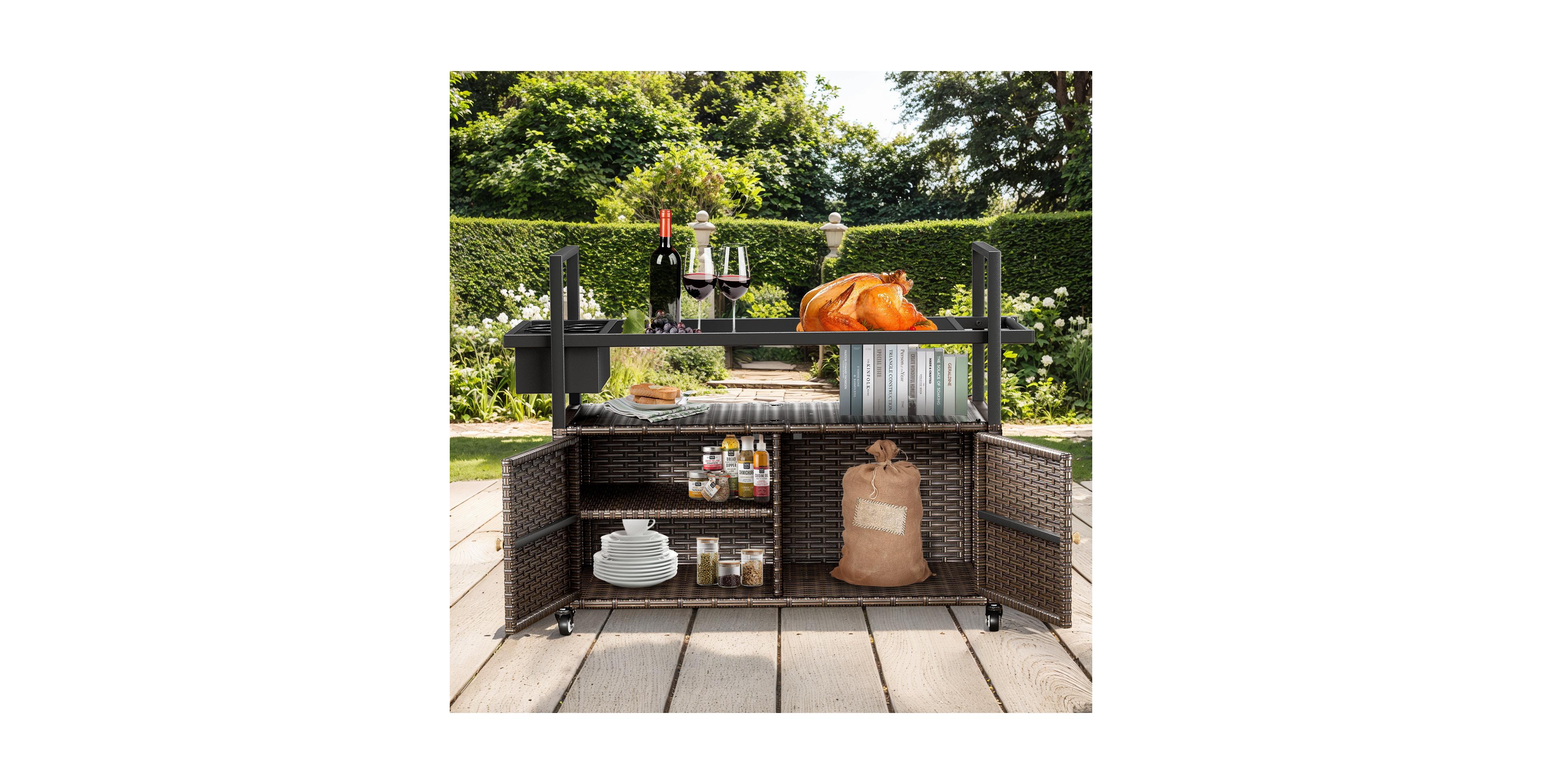 Pocassy Patio Bar Table,Outdoor Kitchen Island with Glass Top,Rattan Storage Cabinet Wheels,Bar Cart for Poolside and Backyard