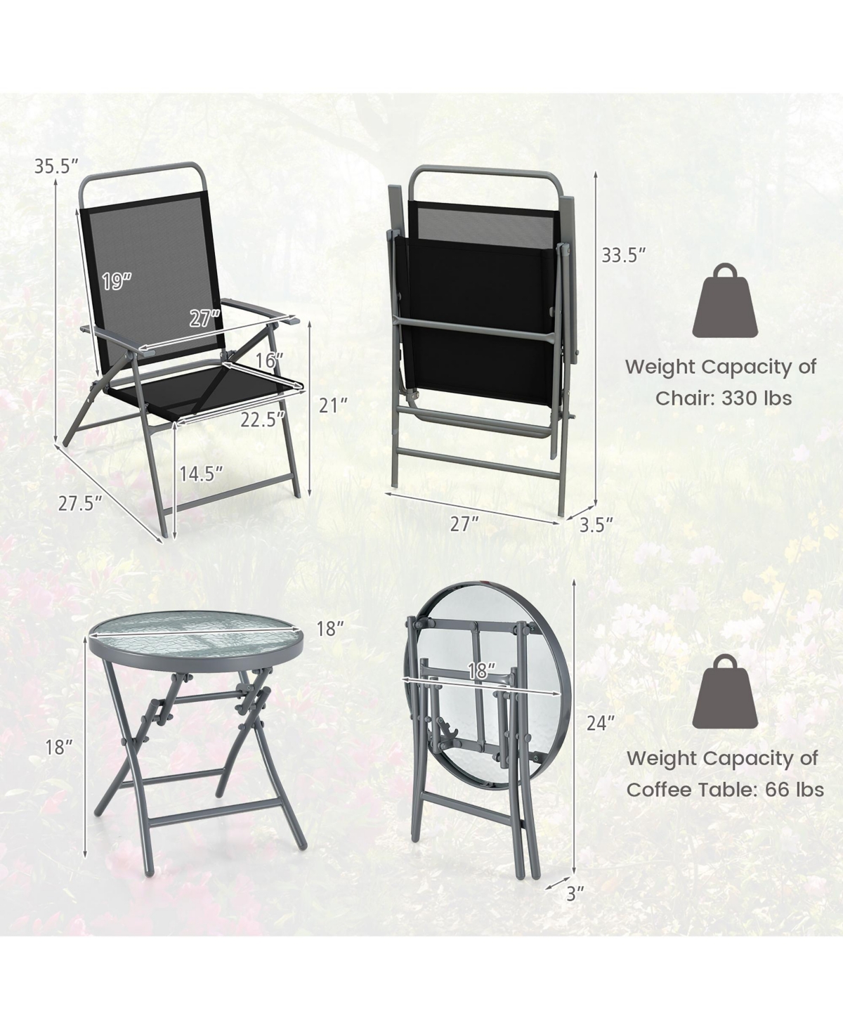 Gymax 3 Piece Patio Folding Chair Set with Coffee Table and Extra-Large Seat Porch Backyard Poolside