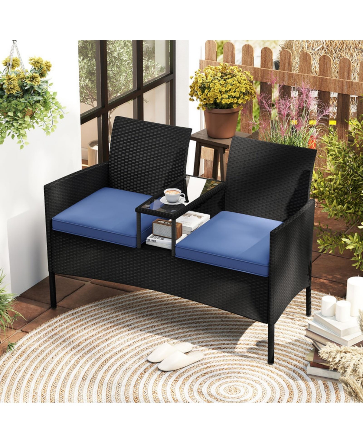 Sugift Outdoor Rattan Patio Loveseat with Built-in Tempered Glass Table
