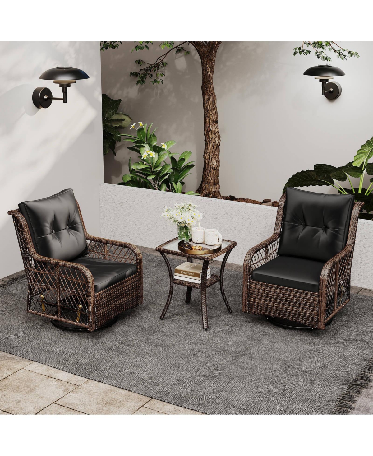 Costway 3 Piece Patio Furniture Set with 2-Tier Side Table and Cushions for Porch