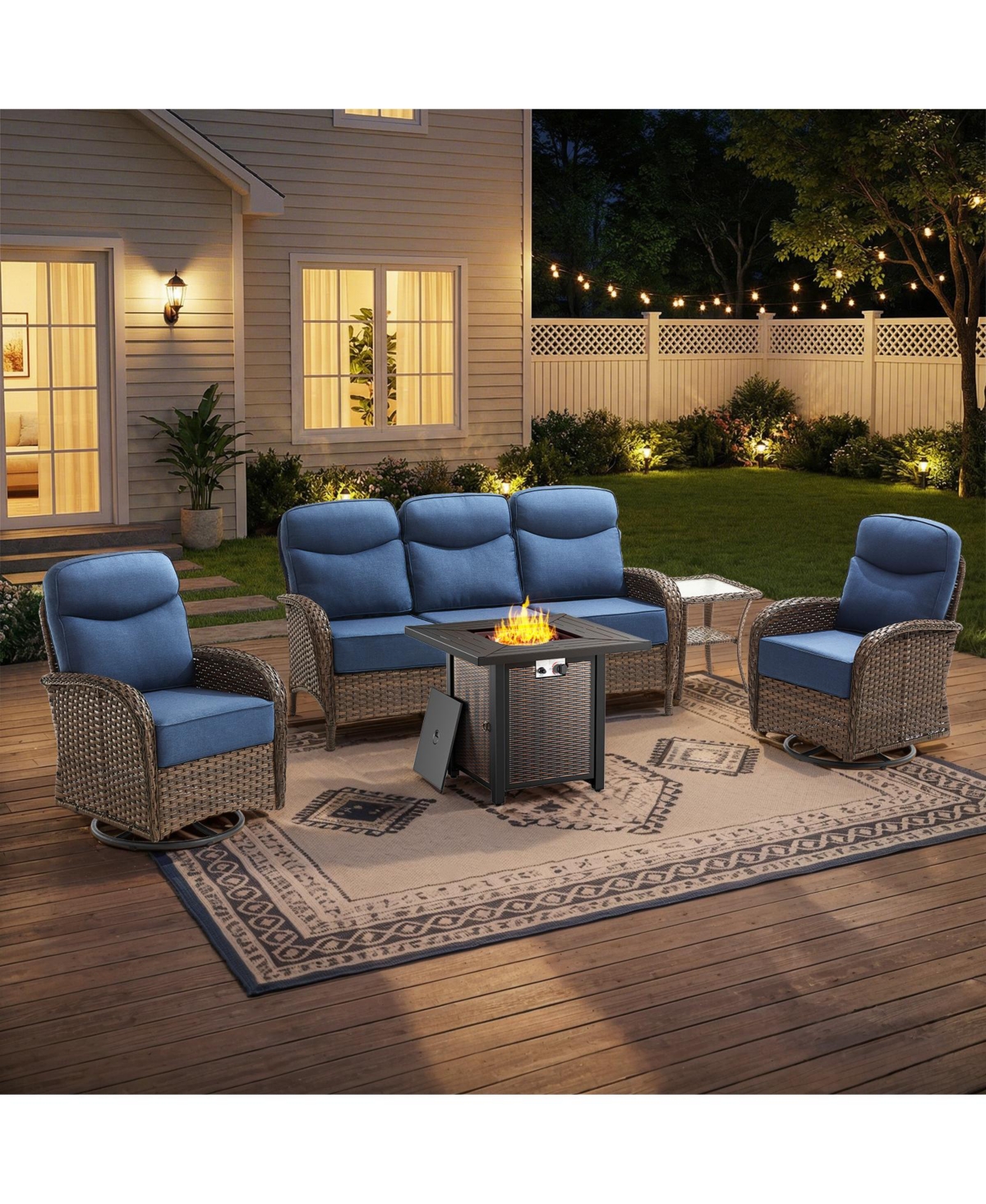 Pocassy Patio Furniture Set with Fire Pit,Wicker Outdoor Swivel Rocker Chairs Sofa for Backyard Poolside Deck