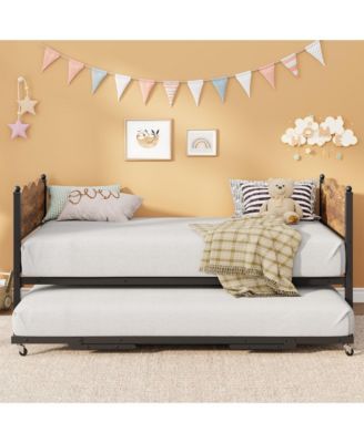 Metal Daybed with Trundle, Wavy Wood-Grain Headboard, Twin Sofa Bed with Locking Casters and Steel Support Bars