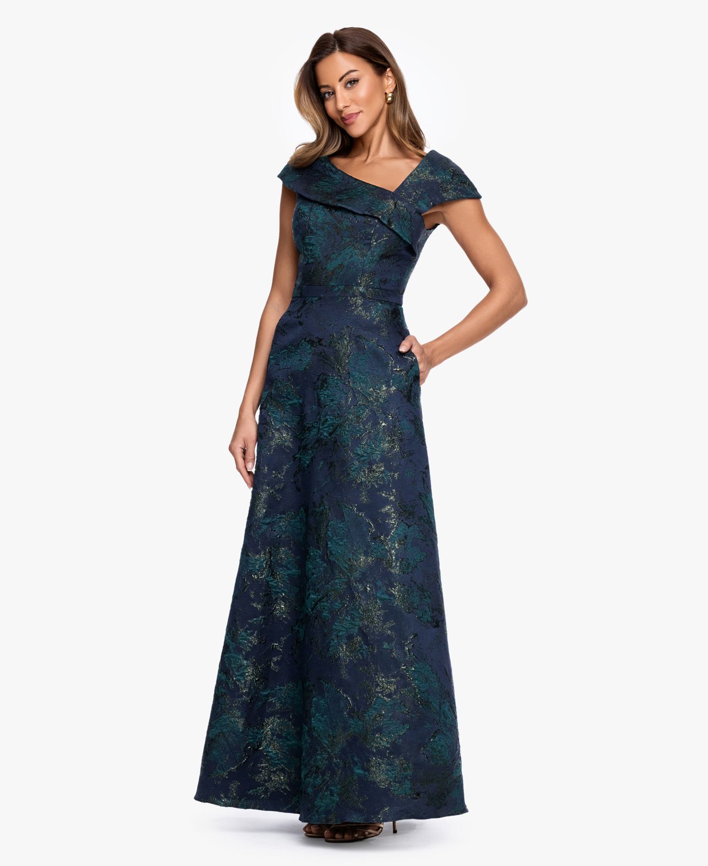 Женские платья XSCAPE Square Neck Brocade Asymmetrical Ball Gown, цвет: Тёмно-синий / Зелёный — фото 2