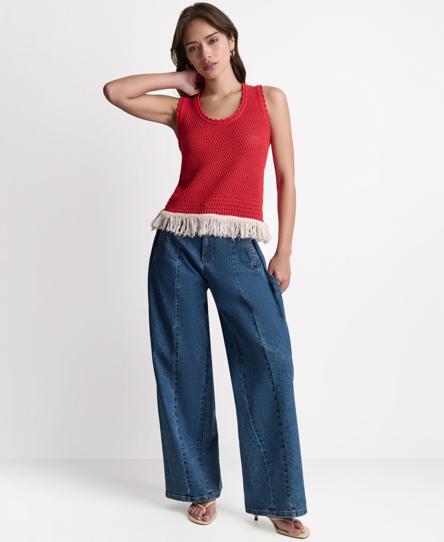 Женский топ BCBG Fringe Pointelle Scoop Neck, цвет: Firelily/Buttercream — фото 8