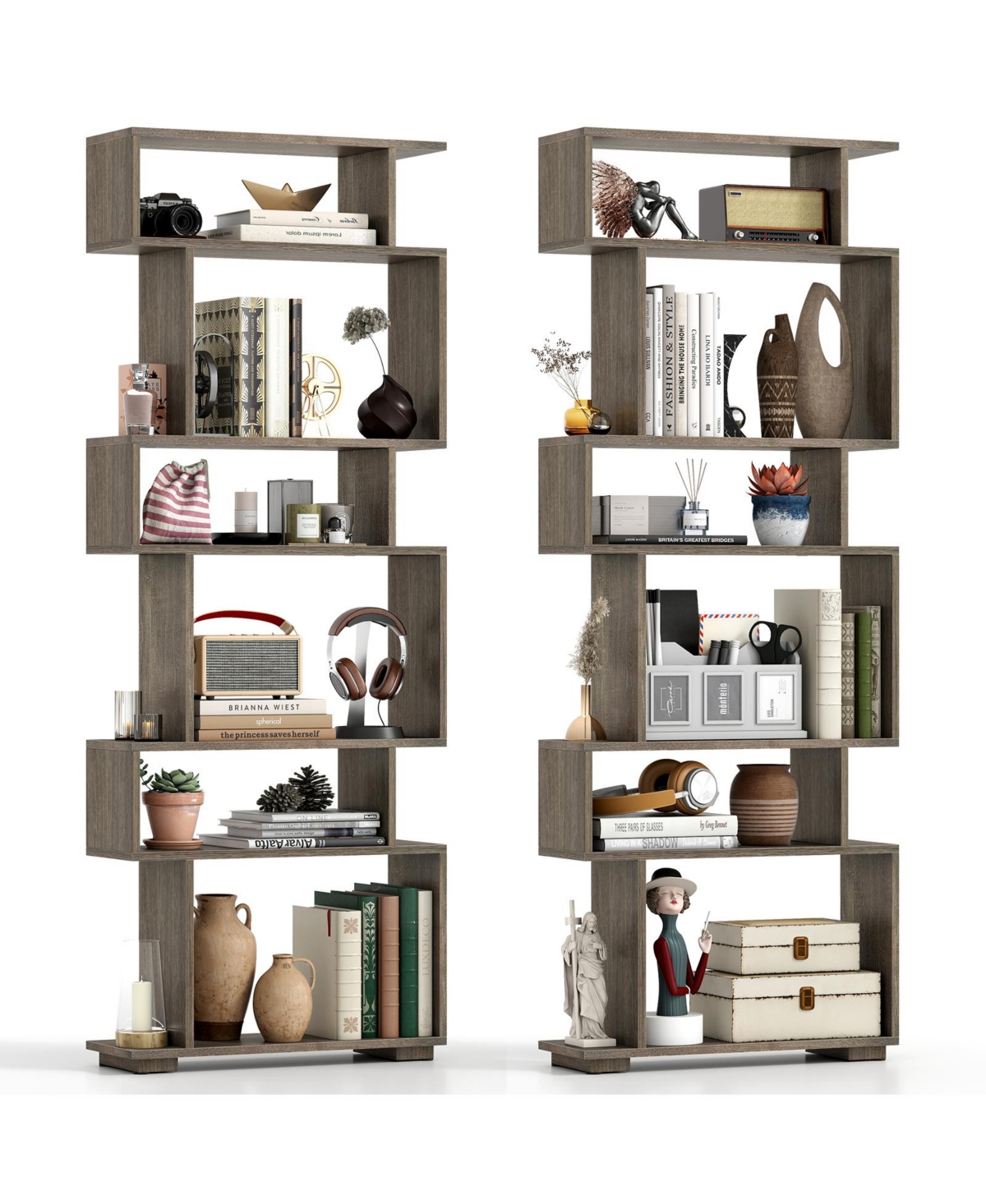 Gymax Set of 2 6-tier Storage Bookshelf with Anti-toppling Kits Decorative Room Divider