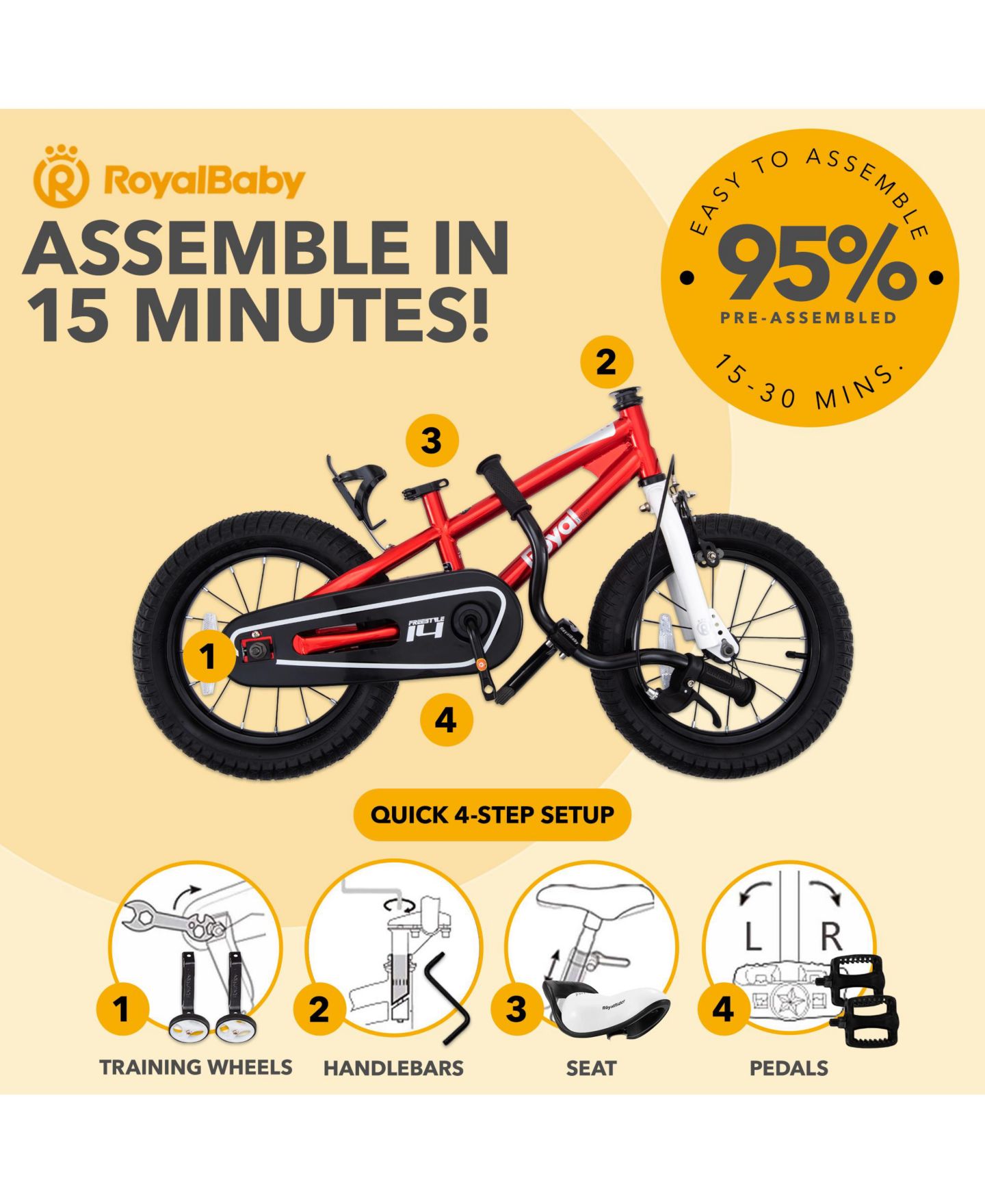 Детская игрушка RoyalBaby Freestyle 16 Inch Steel BMX-Style Bicycle with Training Wheels, Ages 3+ — фото 2