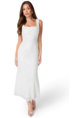 Women's Square Neck Hotfix Mesh Maxi Dress