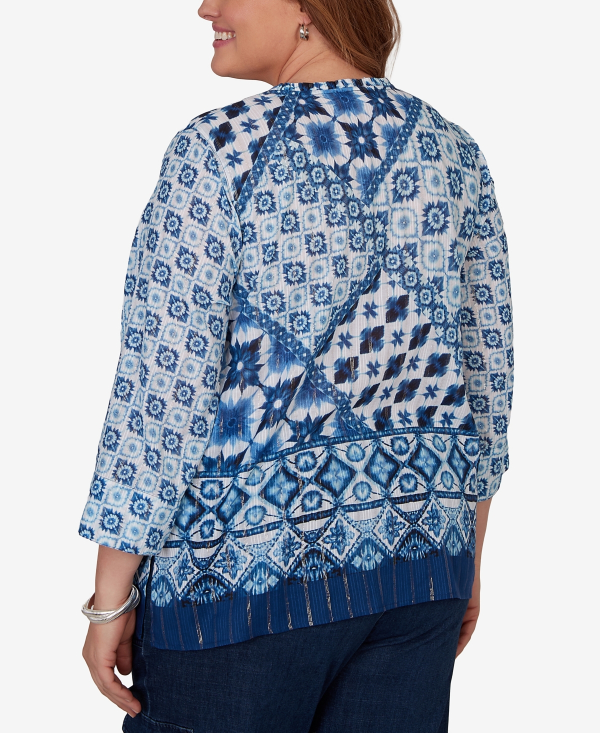 Alfred Dunner Plus Indigo Girls Ikat Tie-Dye Patchwork Henley Top