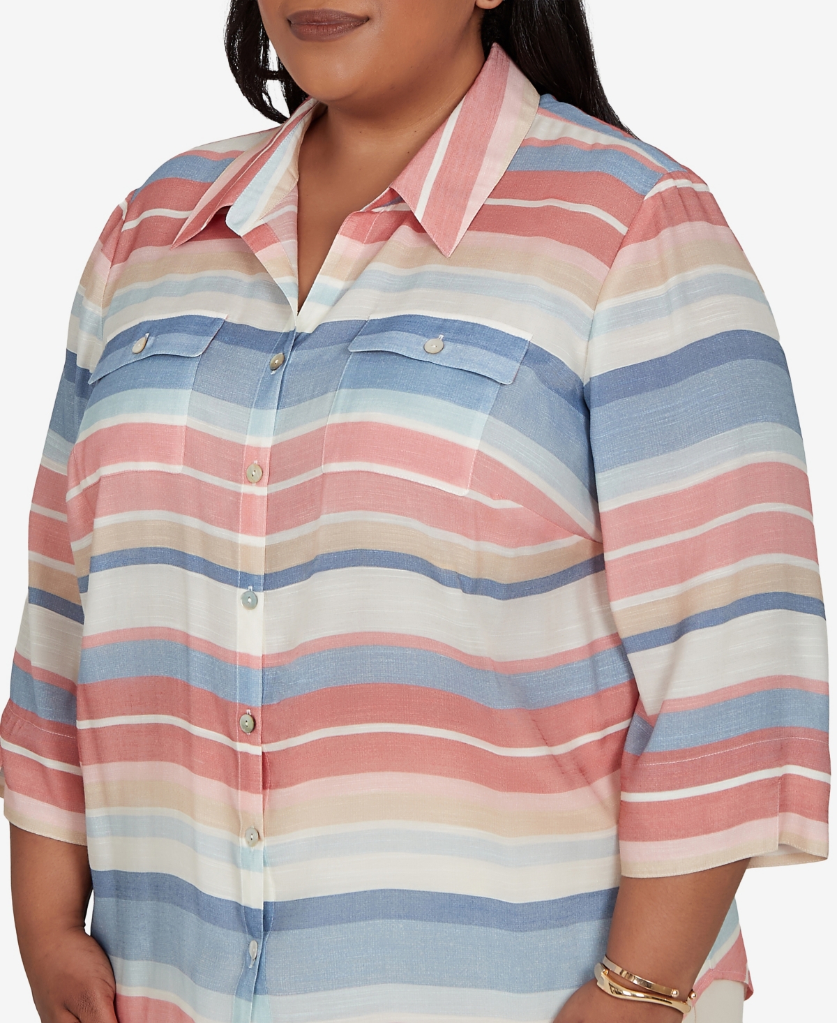 Alfred Dunner Plus Camden Market Colorful Stripes Button Front Top