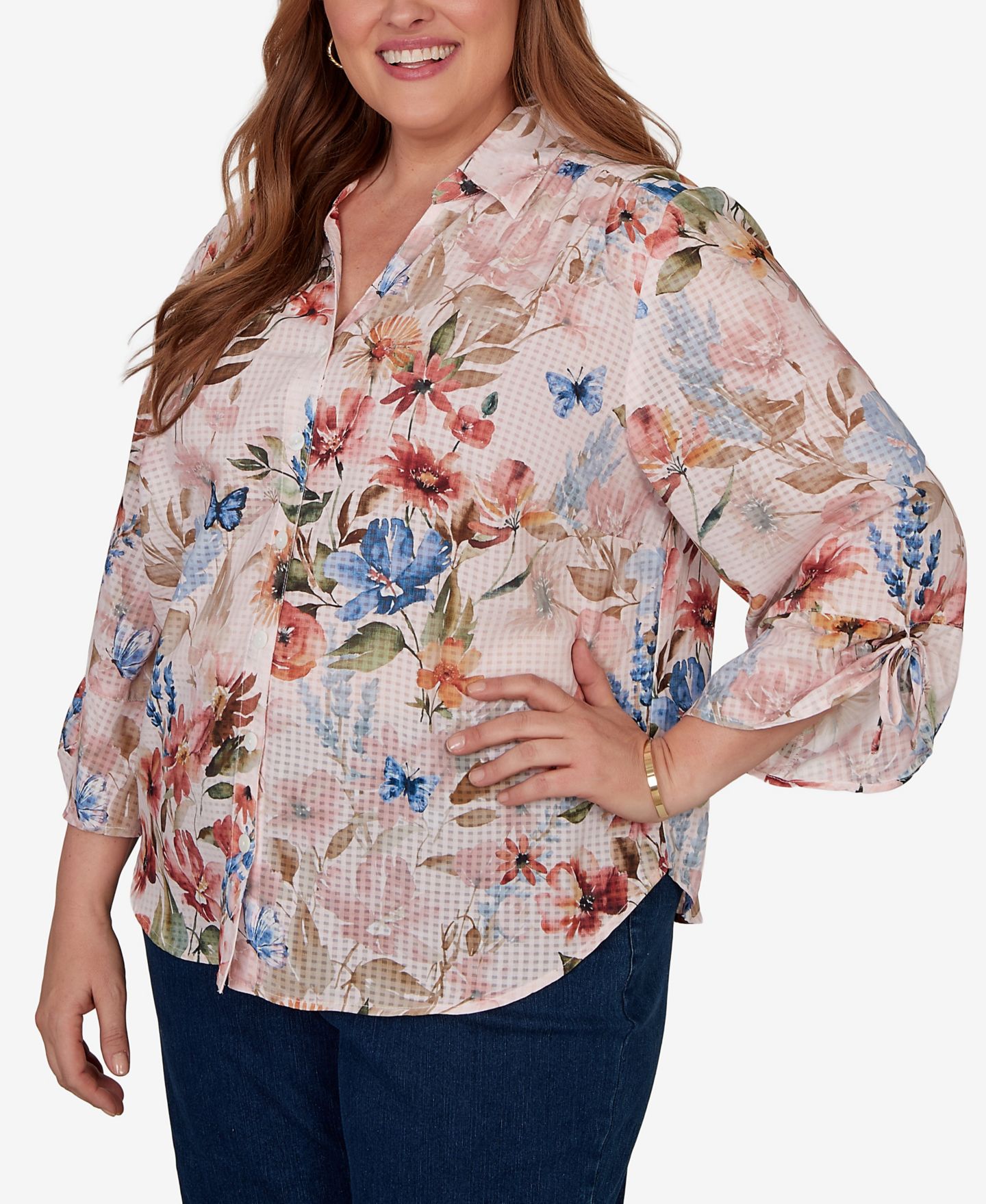 Женский топ Alfred Dunner Plus Size Camden Market Botanical Butterfly Button-Front, цвет: Rsewood — фото 2
