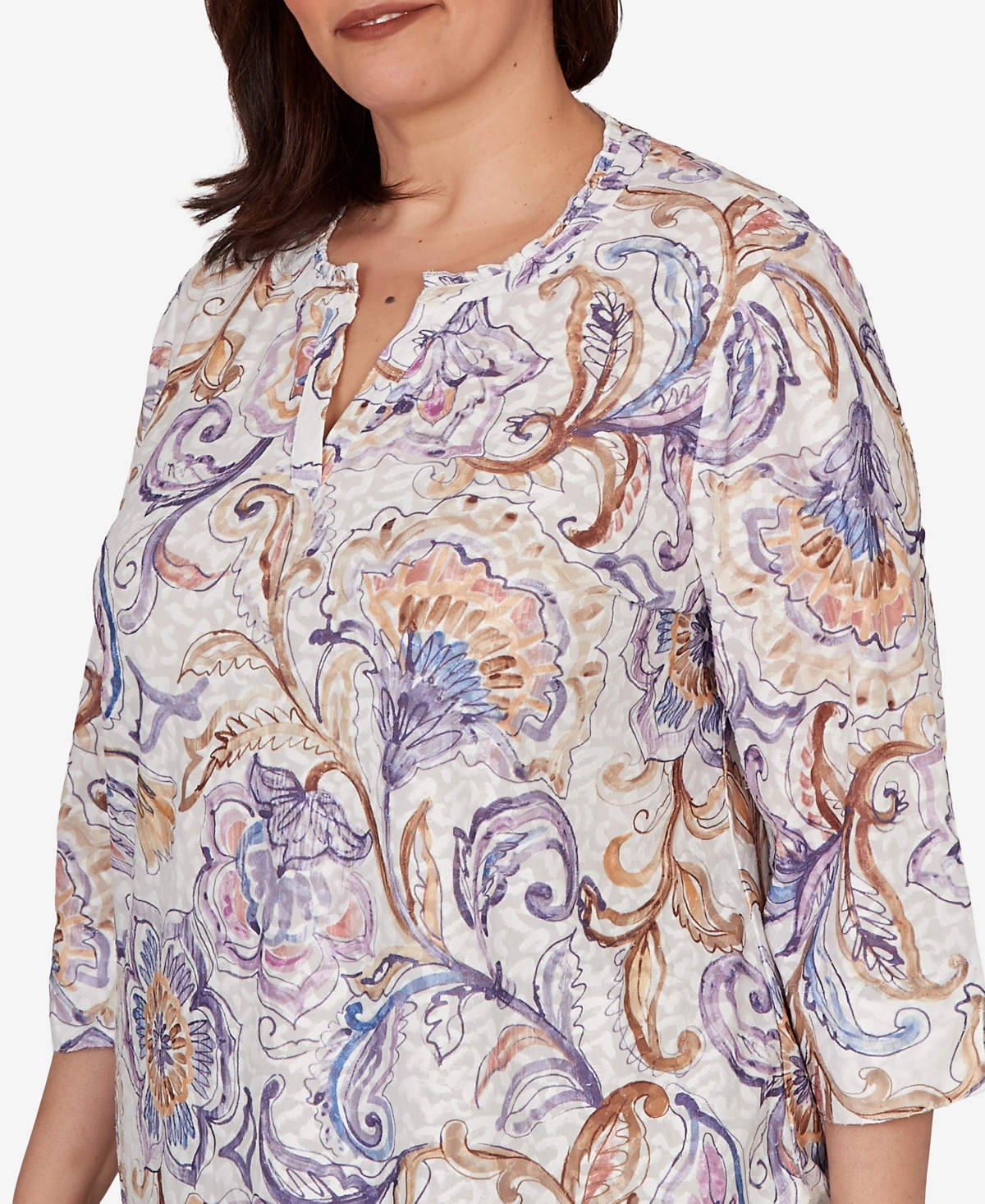 Alfred Dunner Plus Grand Bazaar Jacobean Floral Split Neck Top