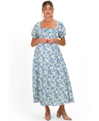 Women's Blue Floral Smocked Ruffle Accent Midi Dress